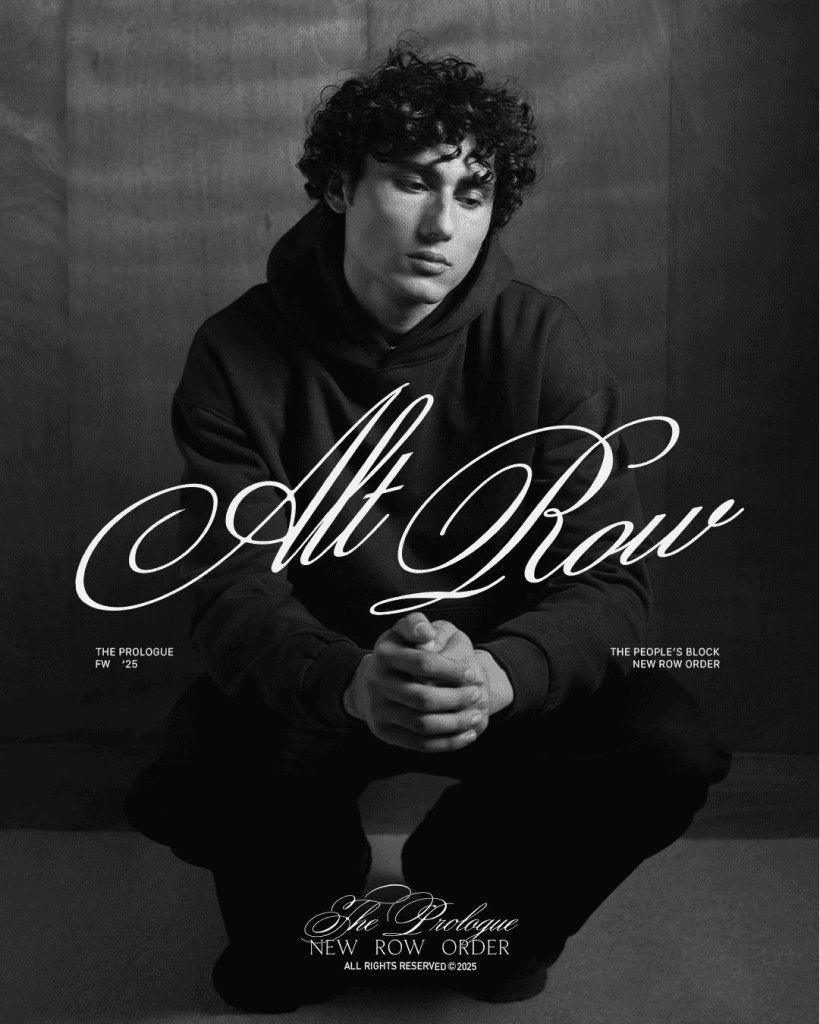 Model in a hoodie under the Alt Row script logo
