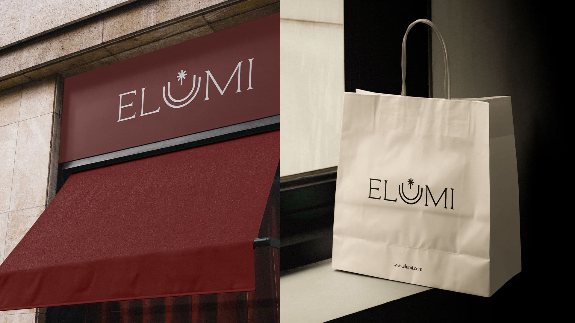 Elumi shopfront sign above a red awning