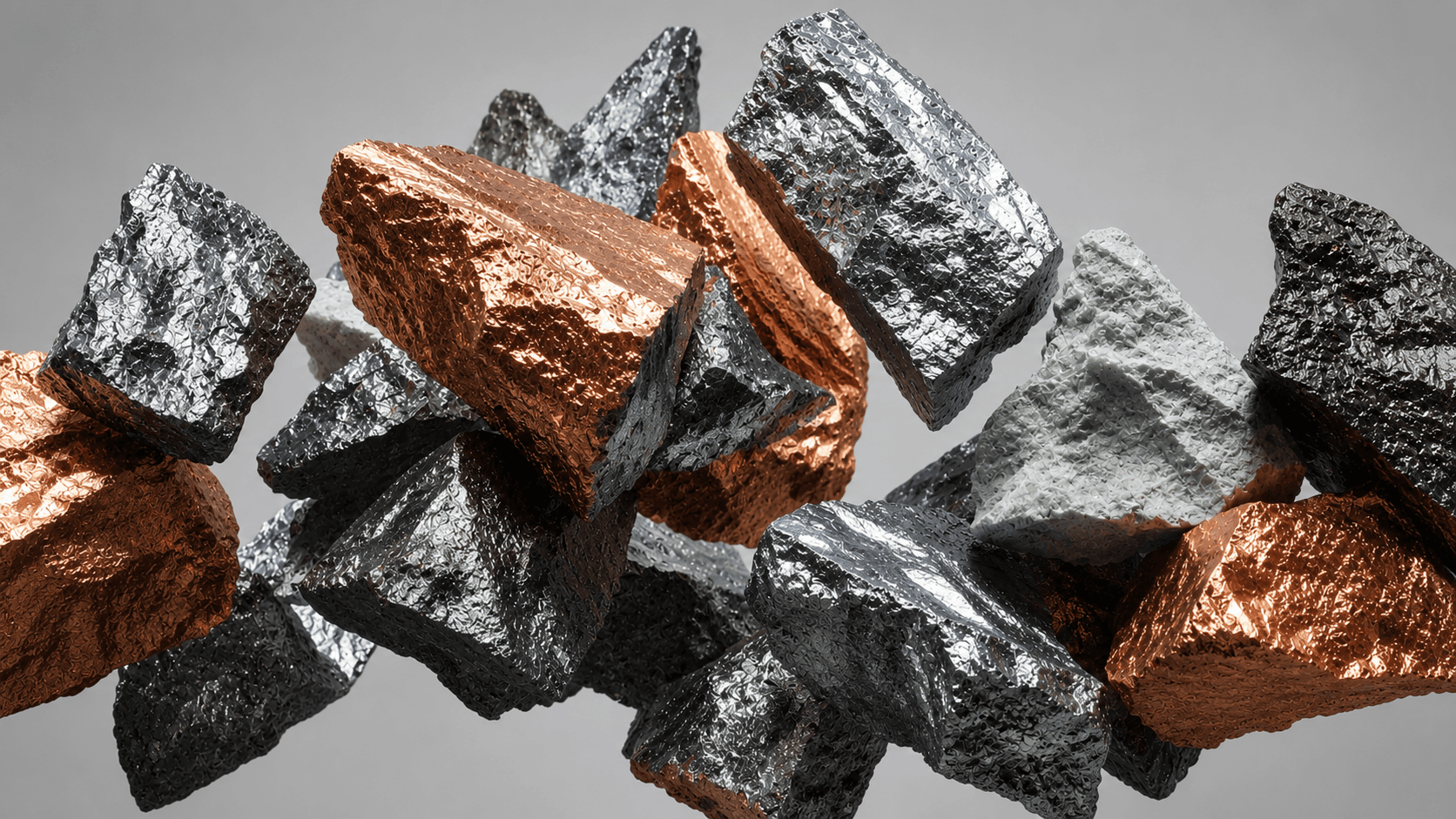 Foil-textured mineral blocks in copper, silver and green