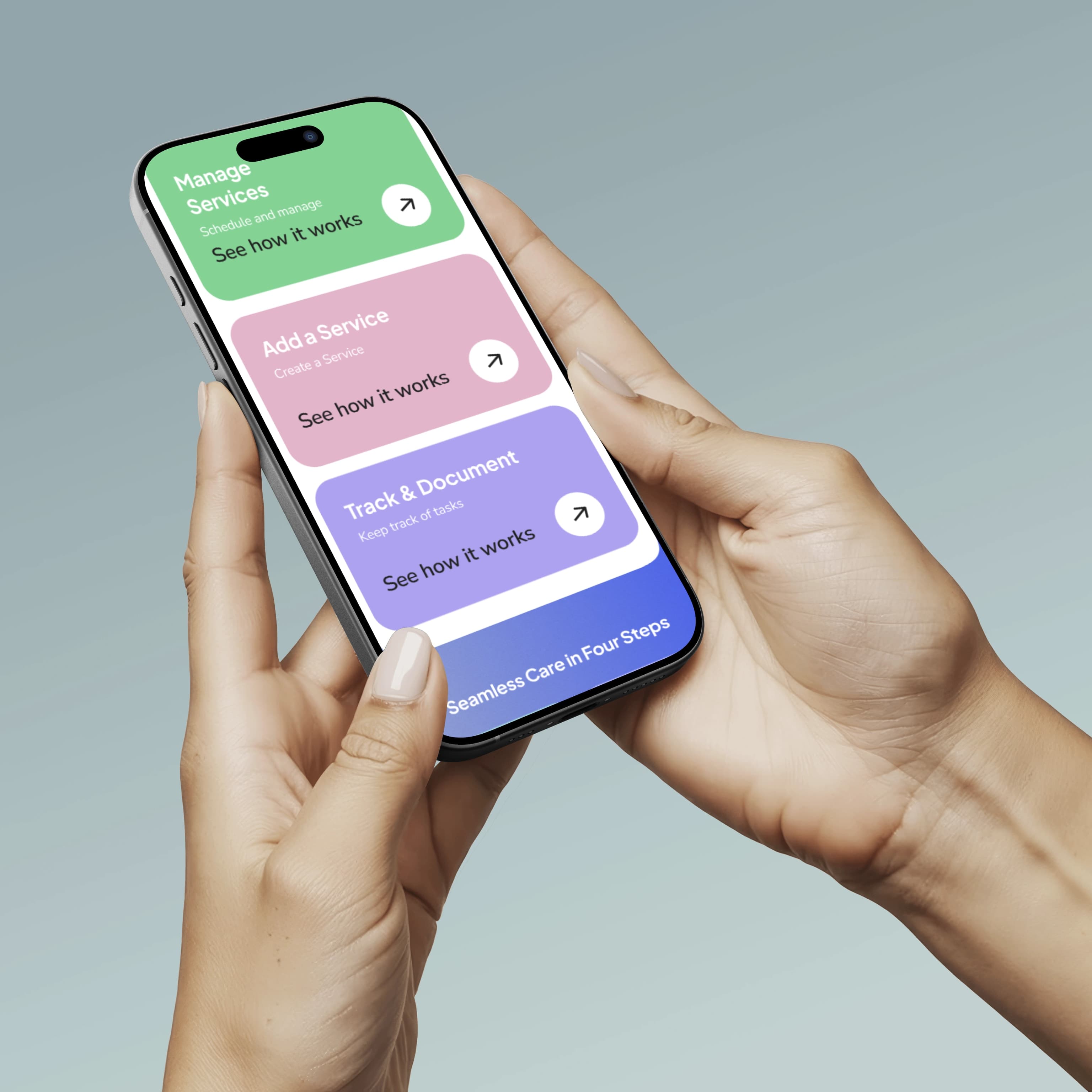 CareConnect app on a phone held in two hands