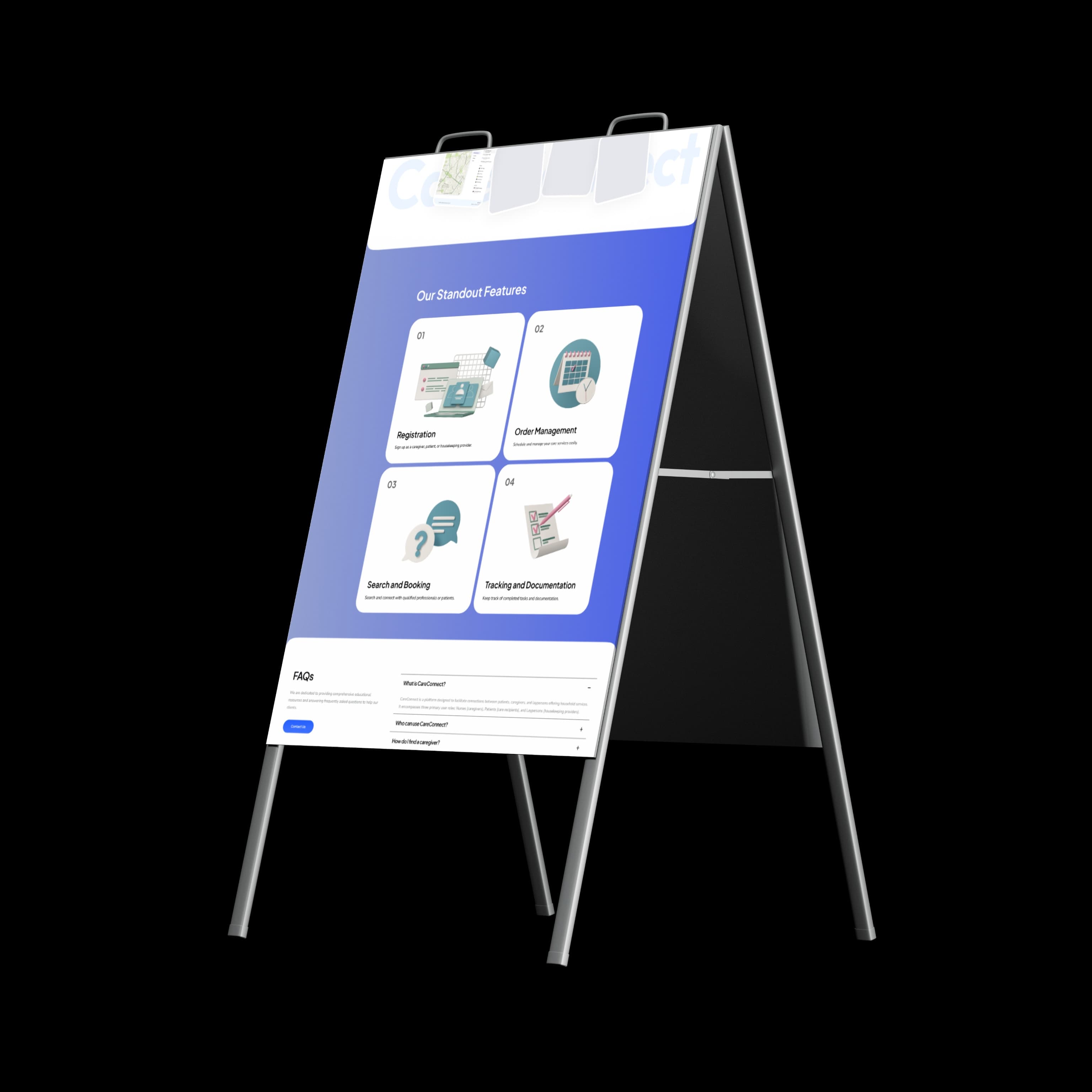 CareConnect features printed on a sandwich board sign