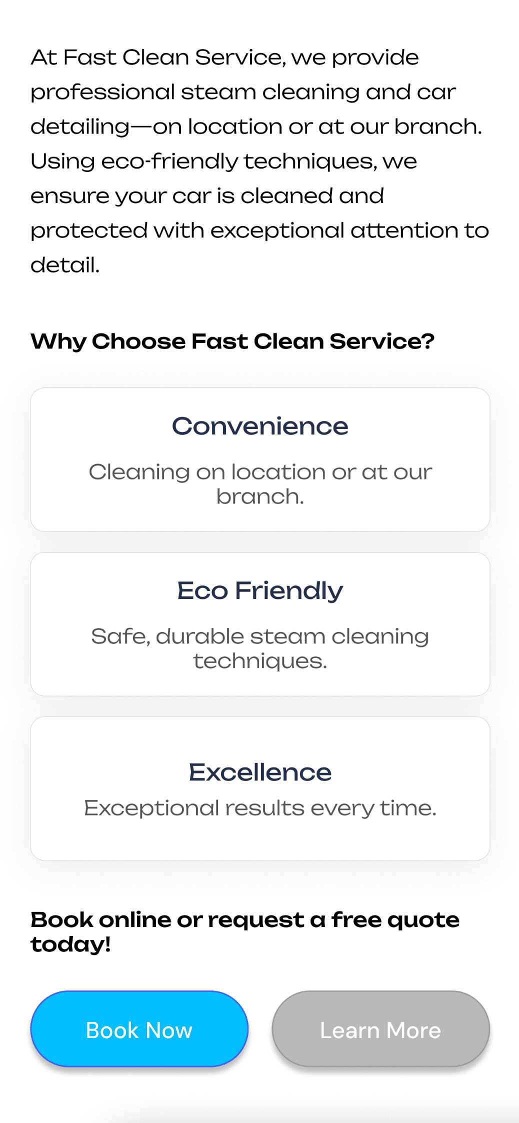 Fast Clean Service mobile site, why choose us section