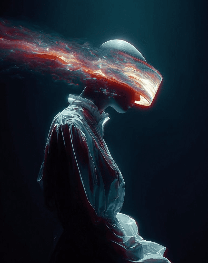 Glass-helmeted figure with streaks of red light