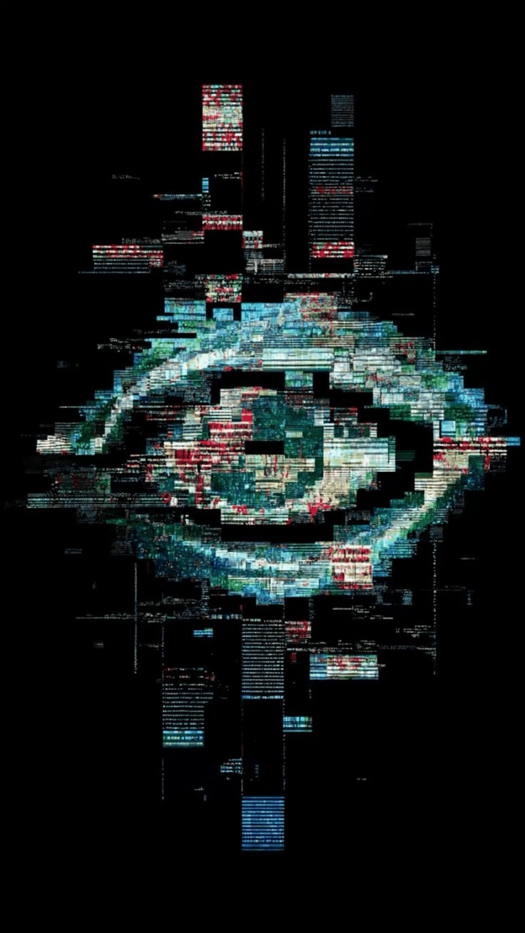 Glitched digital eye built from screen fragments
