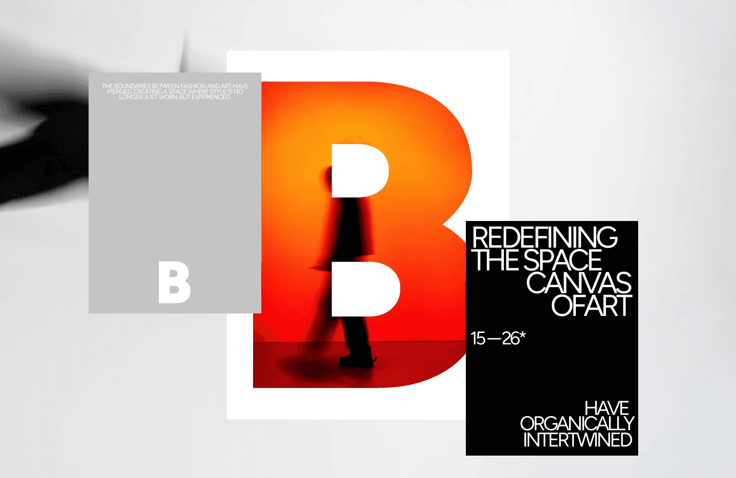 Editorial poster layout with an oversized letter B